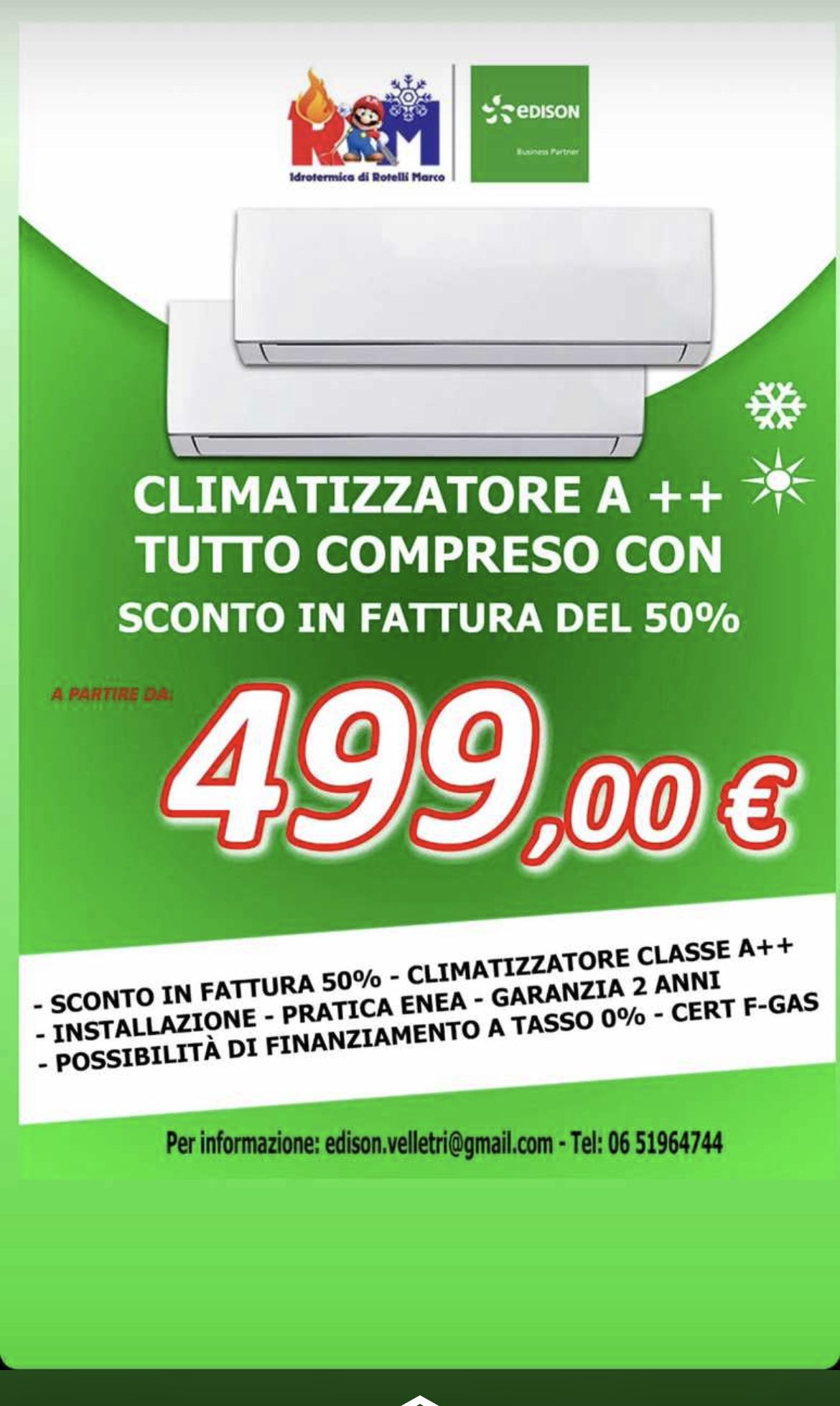 Climatizzatore classe a ++  499,00 50% sconto 